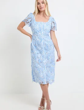 Womens Petite Contrast Lace Button Midi Dress - Blue - Size 20 Uk - Wallis - FashionsVida