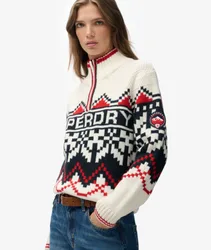 Superdry Damen Intarsia Pullover mit Halbem Reißverschluss Cream - Größe: 38