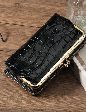 Cartera larga de mujer de cuero PU con textura de piedra y relieve de cocodrilo, solapa, cierre de cremallera, multifuncional, gran capacidad, moneder
