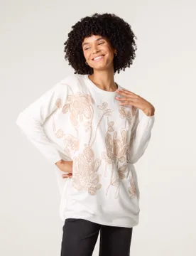 Embroidered Round Neck Jumper - ONE / IVORY/BEIGE - female - Blue Vanilla - FashionsVida