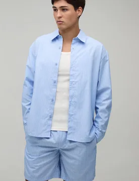 Men's Stripe Poplin Curved Hem Oversized Shirt & Baggy Short Set Blue Size X-Large Blue XL - boohooMAN - FashionsVida