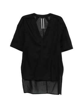 Short-Sleeved Semi-Sheer Cotton Blouse with V-Neck & Side Slits