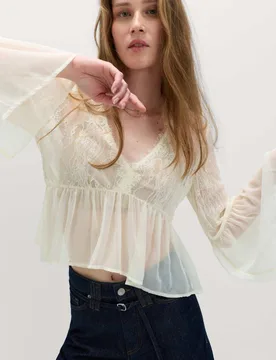 V-Neck Lace Flute Sleeve Top Ivory female - M&S - FashionsVida