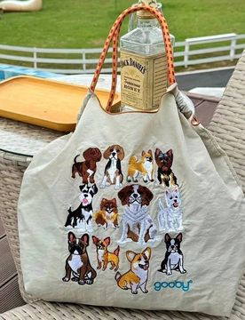 Pieza Bolsa de compras plegable de gran capacidad de nylon ligero con patrón bordado de perro lindo, bolso de hombro y bandolera para viajes