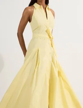 Women's Cotton Collared Halter Neck Woven Midi Shirt Dress With Dropped Waist Detail in Lemon Size: 8 - Lemon - Size: 8 - Karen millen - FashionsVida