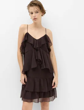 Chiffon V-Neck Ruffle Mini Cami Dress Chocolate female - M&S - FashionsVida