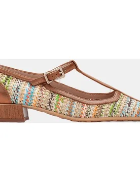 Zapatos mujer T-bar de tacón en piel y rafia al tono - Hispanitas - FashionsVida
