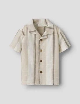 Camicia maniche corte Lil'Atelier a righe avorio e beige in cotone - Lil' Atelier - FashionsVida