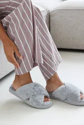 Women's 'Ciara' Faux Fur Cross Over Strap Slippers in Grey Size: 4 - Grey - Size: 4