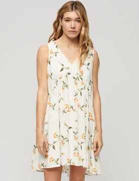 Superdry Damen Creme und Grün Ärmelloses Volume Kleid mit Blumenmuster, Größe: 36 - 89.99 - FashionsVida