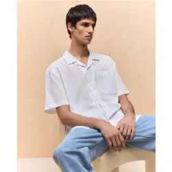 Camisa de hombre manga corta lino algodón lisa bowling
