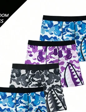 Juego aleatorio de 4 piezas de ropa interior para hombres, pantalones cortos tipo bóxer largos con estampado de dientes de tiburón de camuflaje, est - Shein - FashionsVida