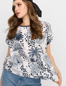 Blusa in viscosa con motivo tropicale - indaco