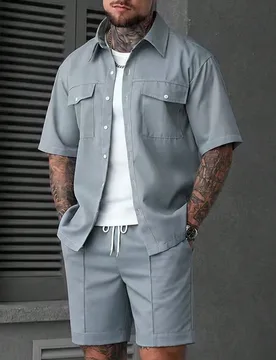 Conjunto de camisa de manga corta y pantalones cortos para hombre con diseño de unicolor, abotonadura sencilla y doble bolsillo - Shein - FashionsVida