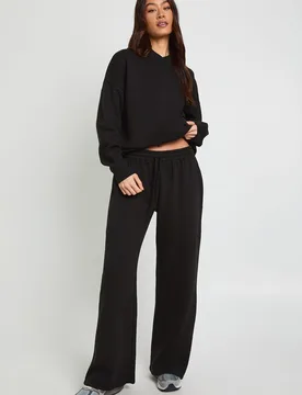 Womens Tall Neck Detail Sweatshirt Wide Leg Tracksuit - Black Cotton - Size Large - Boohoo - FashionsVida