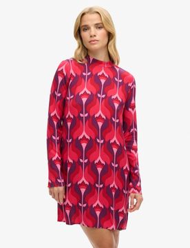 Superdry Damen Langärmeliges Minikleid mit Print Pink - Größe: 40