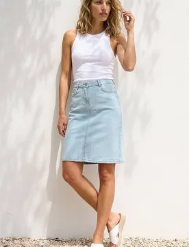 Women's Cotton Denim Stretch A line Skirt in Light Blue Size: 16 - Light Blue - Size: 16 - Roman - FashionsVida