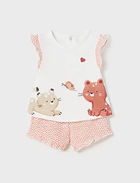 Completo composto da t-shirt bianca e short a pois in cotone con motivo micetti 4-9 mesi - Mayoral - FashionsVida
