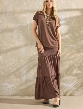 Tall Textured Tiered Maxi Skirt - Brown - Size: 16 - Long tall sally - FashionsVida