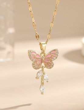 Pieza Collar de acero inoxidable con mariposa en degradado rosa a la moda, joyería dorada, collar dorado, regalo del Día de la Madre, joyería occid