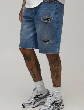Herren Lange Locker Geschnittene Zerrissene Gewaschene Denim-Shorts Washed Blue Größe 34 - boohooMAN - FashionsVida