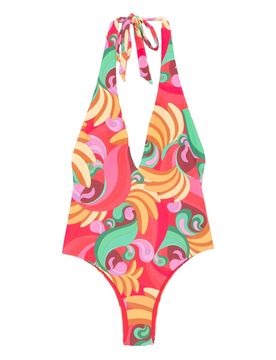 Printed One-Piece Swimsuit with Lace-Up Retro Neckline