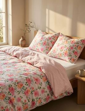 Set di biancheria da letto reversibile in cotone con motivo floreale - rosa