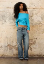 Wide-Leg-Jeans mit gekreuztem Bund MITTELBLAUER DENIM-WASHED-LOOK 36