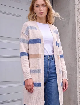 Women's Soft Knit Stripe Cardigan Sweater in Stone Size: 10 - Stone - Size: 10 - Roman - FashionsVida