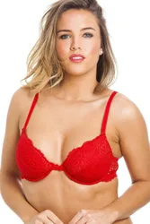 Floral Lace Padded Underwired Bra - Red - Size: 34C