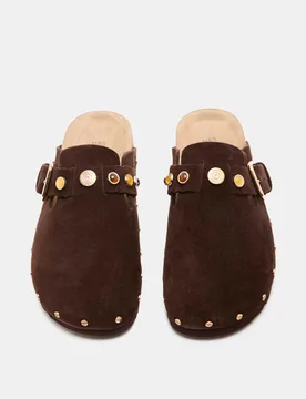 Suede Studded Flat Clogs Dark Brown female - M&S - FashionsVida