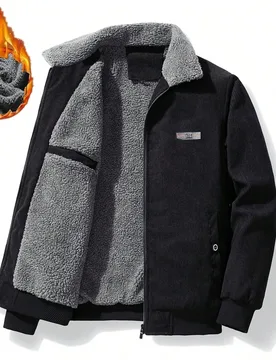 Chaqueta casual de pana con mangas largas, detalles de parches y forro térmico para otoño e invierno para hombres - Shein - FashionsVida