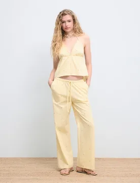 Pantalón ancho de mujer con rayas bordado - Green Coast - FashionsVida