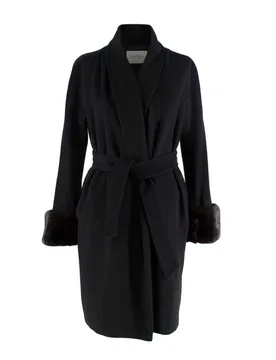 Black Camel Hair Wrap Coat with Fur Cuffs - MaxMara - FashionsVida