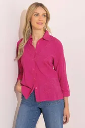 Embroidered Three Quarter Sleeve Blouse - Bright Pink - Size: 22