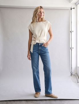 Jeans straight slim in cotone con effetto slavato - blu scuro