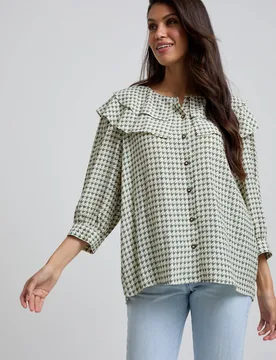 Keira Split Collar Houndstooth Print Blouse In Green - 8 - Lily and Lionel London Limited - FashionsVida
