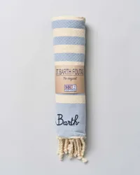 Telo mare azzurro in cotone a righe beige con frange e scritta logo ricamata