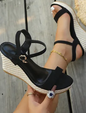 Sandalias de plataforma de verano para mujer, sandalias de cuña con tiras cruzadas tejidas de suela gruesa, calzado casual de playa y vacaciones. San - Shein - FashionsVida