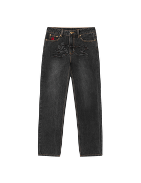Distressed Applique Running Dog Denim Pants - Washed
