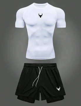 Conjunto deportivo de camiseta de manga corta con estampado de toro y pantalones cortos con cordón en la cintura para hombres, conjunto de running, c - Shein - FashionsVida