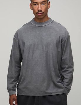 Herren Übergroßes Gewaschenes Langarm-Oberteil Mit Sichtbaren Nähten Charcoal Größe XL