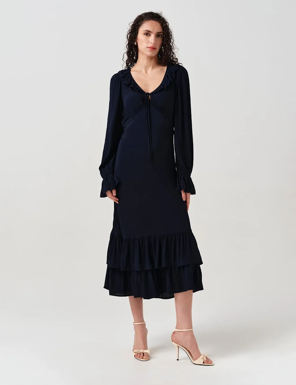 Crepe Ruffle Hem Midi Dress Navy female - GHOST - FashionsVida