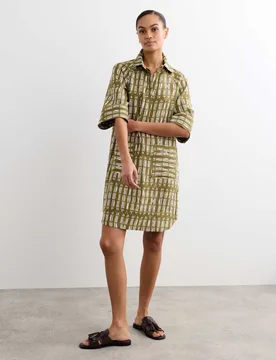 Pure Linen Dash Print Shift Dress Green Mix - Jaeger - FashionsVida