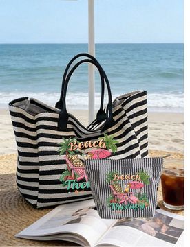 Juego de bolsa de playa de gran capacidad con rayas y bolsa de cosméticos a juego, bolsa de hombro de lona con estampado "Beach Healing", bolsa de vi