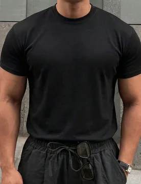 Camiseta de manga corta de cuello redondo negra sólida para hombres de talla grande, verano - Shein - FashionsVida