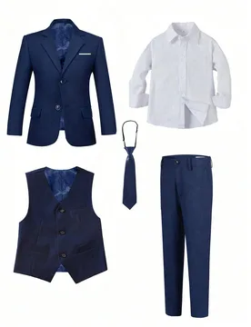 Conjunto de traje formal para niños de 5 piezas, incluye blazer, chaleco, camisa blanca con bolsillo, pantalones, corbata, adecuado para bodas, fiest - Shein - FashionsVida