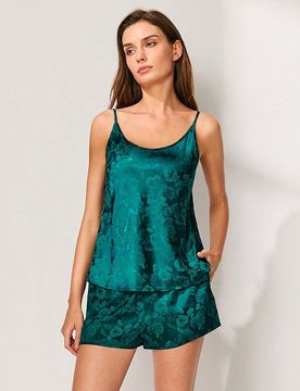 Conjunto de dormir ligero de satén verde para mujer de verano - Camisola sin mangas & Shorts Ropa de dormir ligera Lencería sexy de curvas