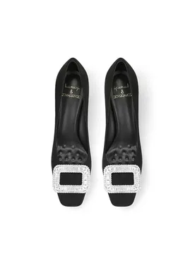 Spring New Square Toe Thick Heel Pumps for Women Black Suede Rhinestone Square Buckle Elegant High Heels - Aliexpress - FashionsVida