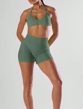 Sujetador deportivo con busto fruncido, espalda abierta y cuello halter, activo y cómodo para entrenamiento, gimnasio, correr, club de running, páde - Shein - FashionsVida